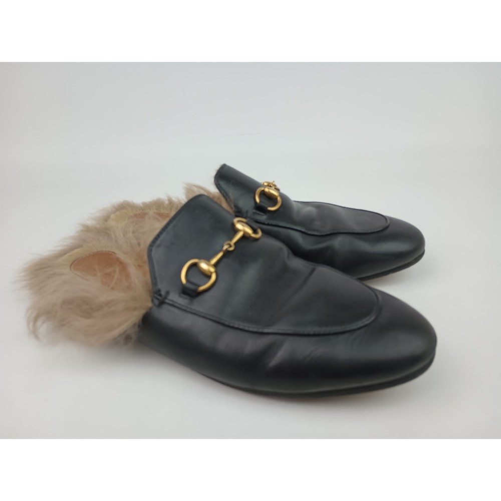 Gucci Black Princetown Leather Fur Shearling Loafer Slide Mule Size 37 EU